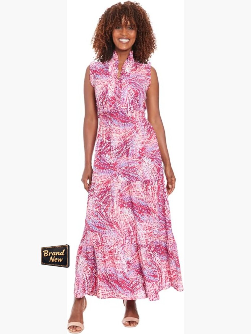 Smocked Waist Ruffle Maxi Dress Flowy A-Line Sleeveless
